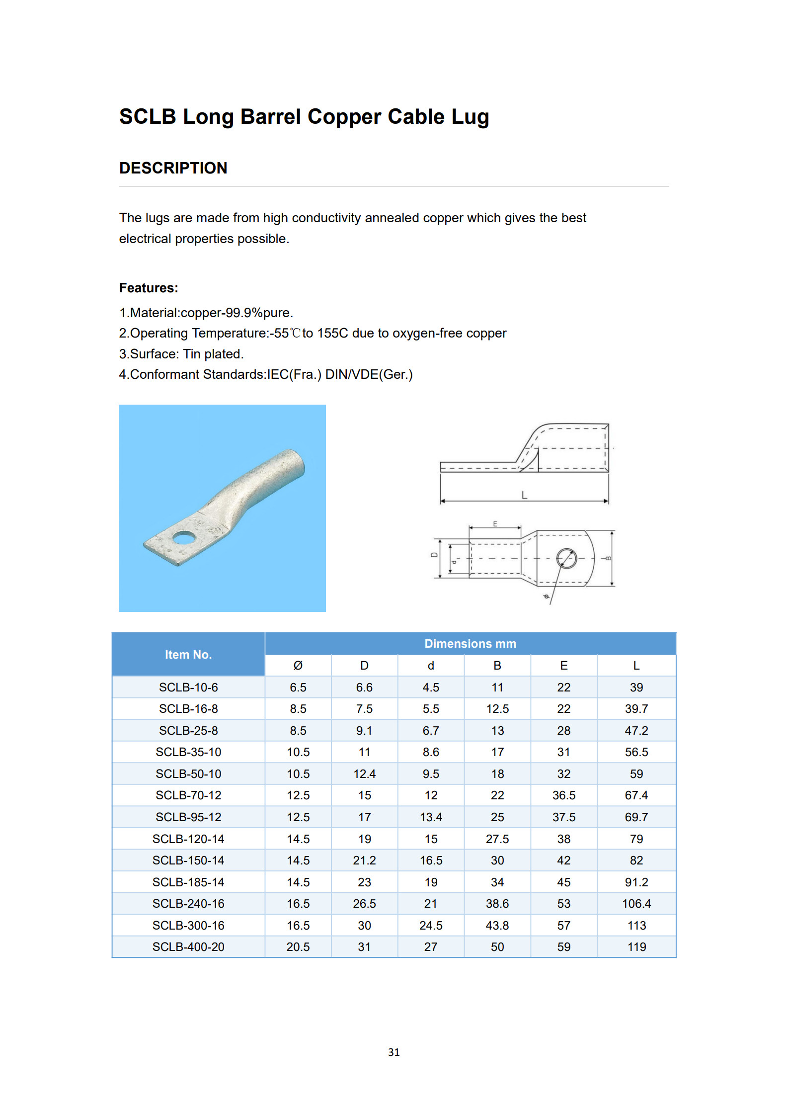 SCLB Longer Barrel Tubular Cable Lugs detail 1